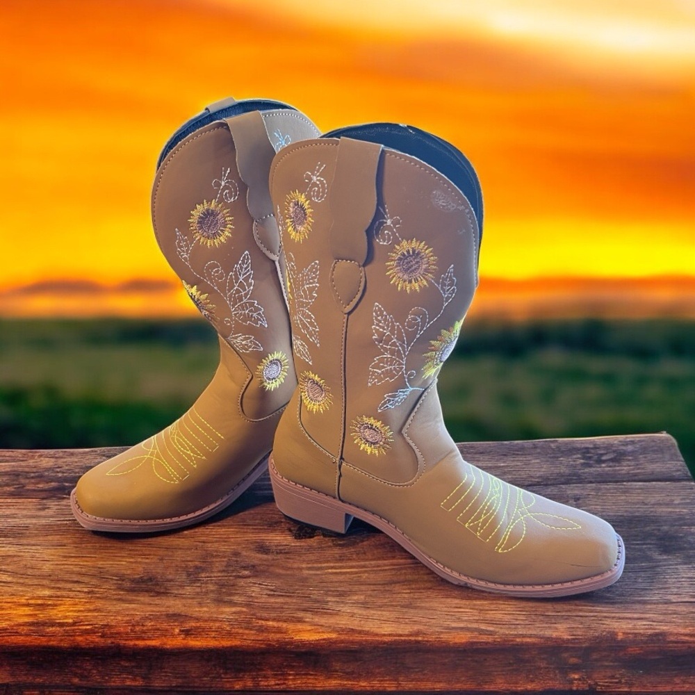 Sunflower Embroidered Tan Cowboy Boots